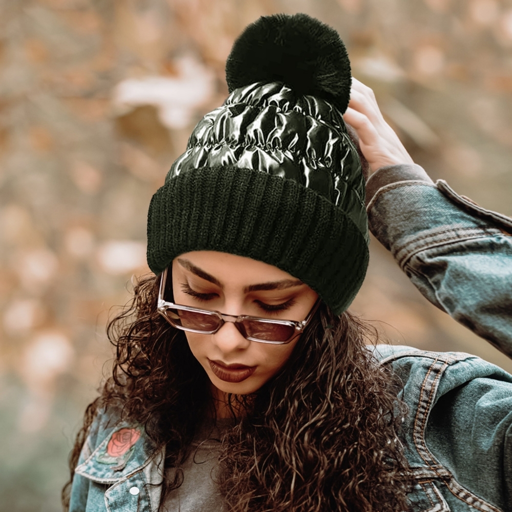 Green Trendy Fashion Fleece Lining Puffer Knit Beanie Bling PomPom Hat Material